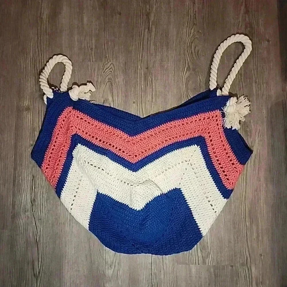 Chevron Crocheted Boho Purse Tote Beach Shoulder Bag Festival Hippie Extra Large - Picture 5 of 8